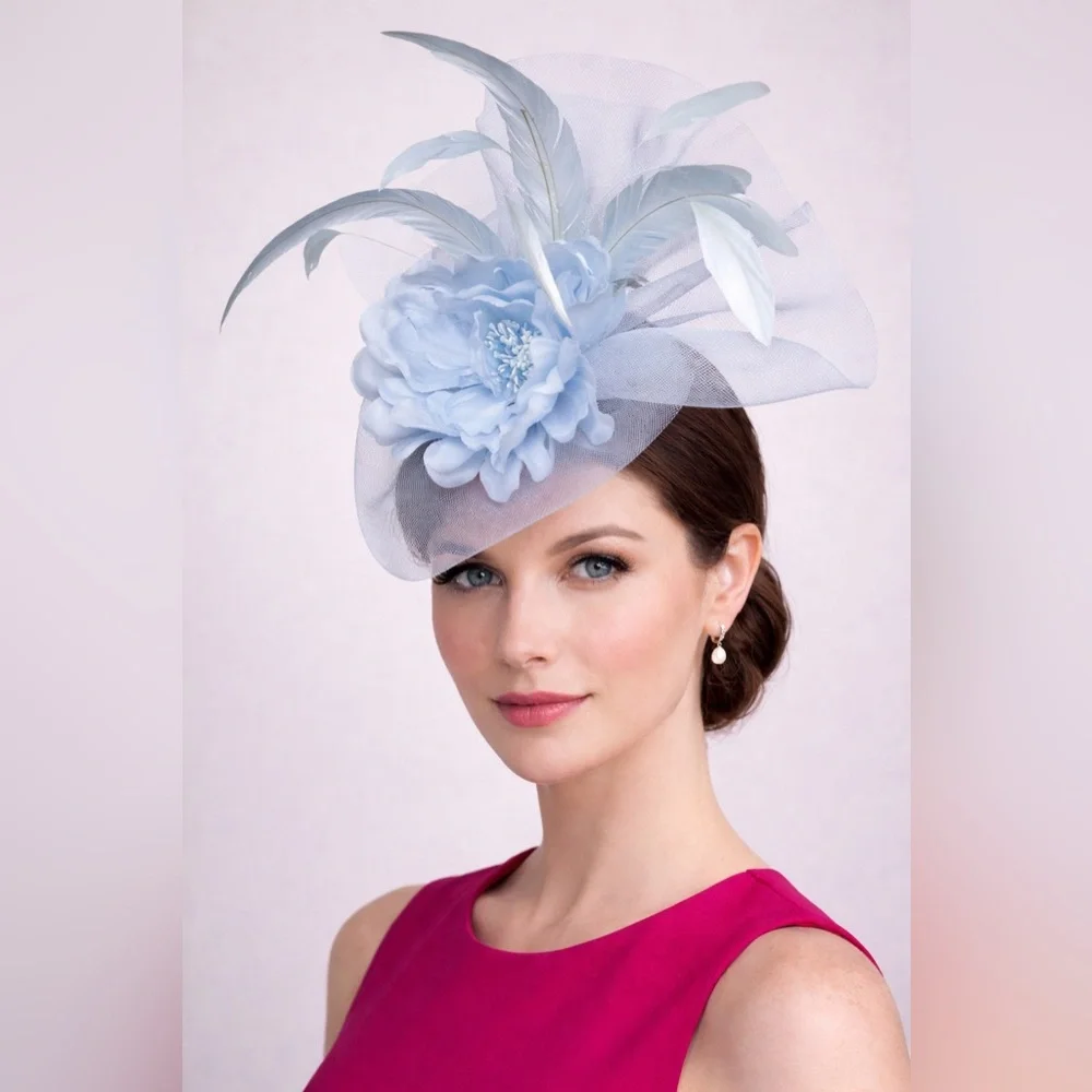 Elegant Blue Fascinator with Floral Design Organza Feathers Kentucky Derby Hat